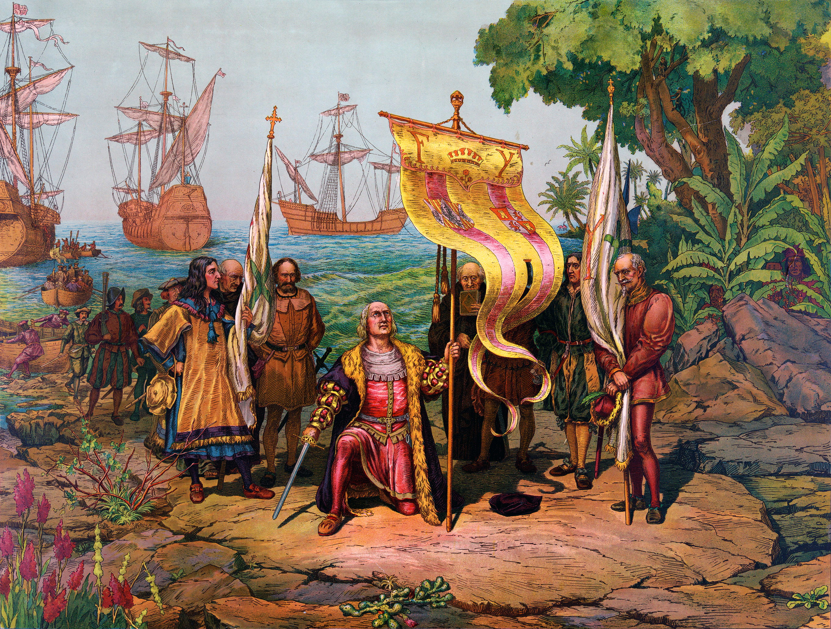 12. Oktober 1492: Kolumbus betritt auf der San Salvador amerikanischen Boden und nimmt in die Insel für die spanische Krone in Besitz